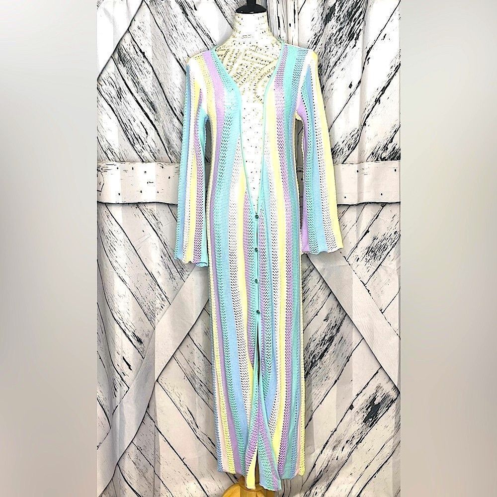 Capittana Long Knit Cardigan Sweater Long Sleeve Striped Cover-Up Maxi